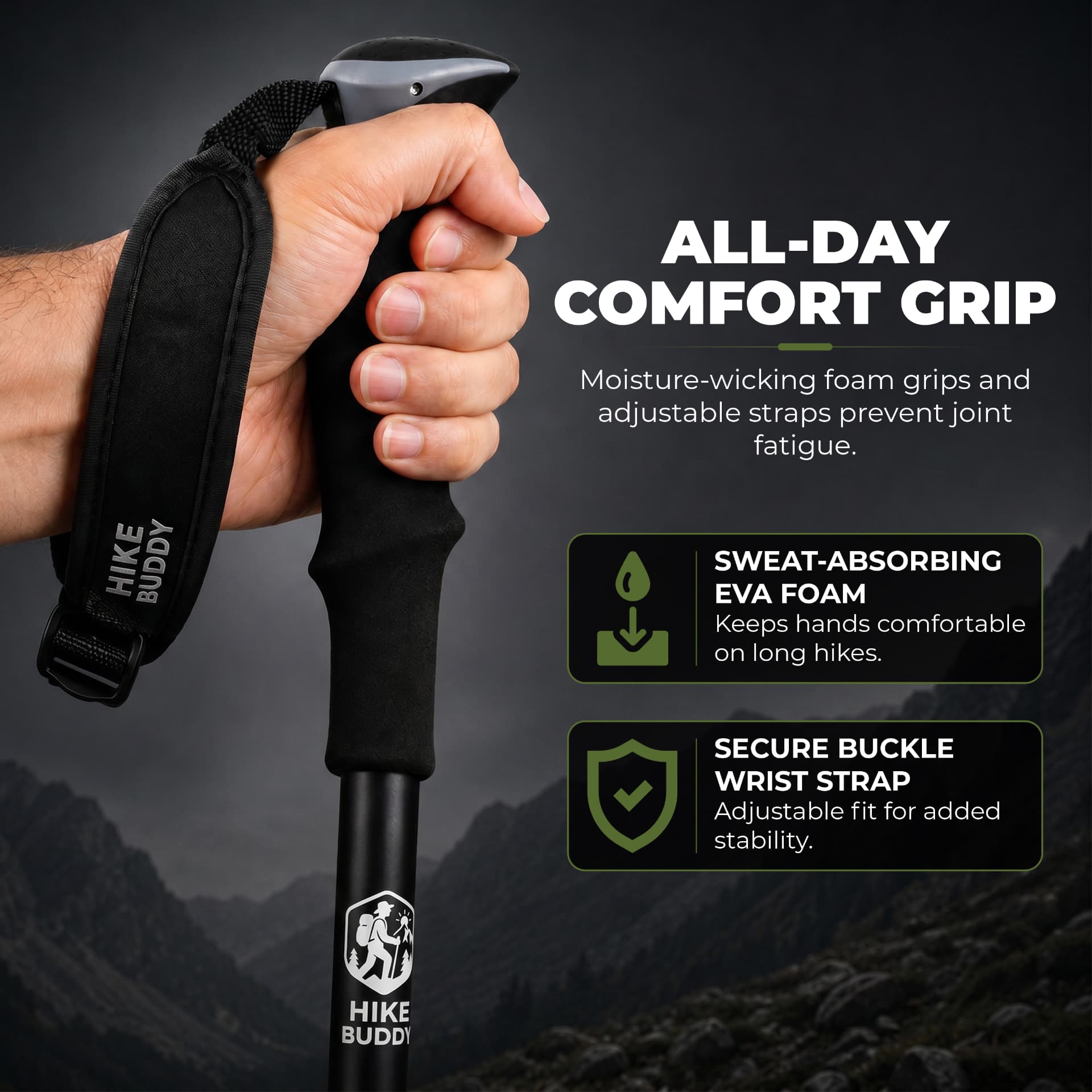 All-day comfort grip with moisture-wicking EVA foam