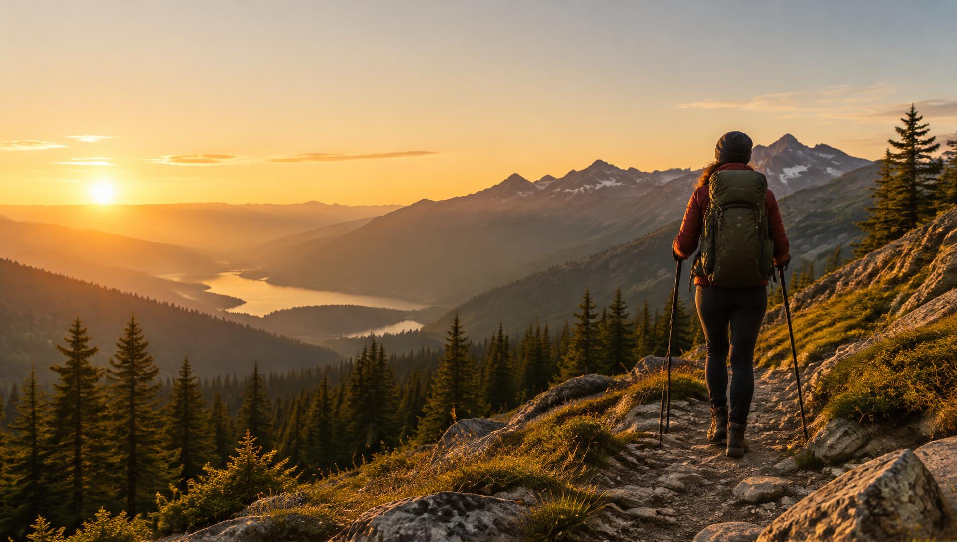 Hiker with trekking poles on a mountain trail at golden hour